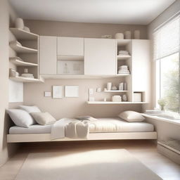 A modern teenage girl's bedroom featuring aerial furniture in white and beige tones