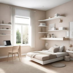 A modern teenage girl's bedroom featuring aerial furniture in white and beige tones