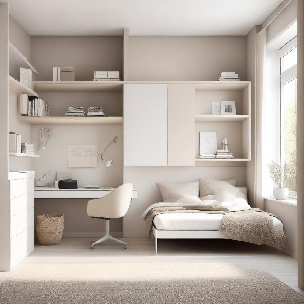 A modern teenage girl's bedroom featuring aerial furniture in white and beige tones