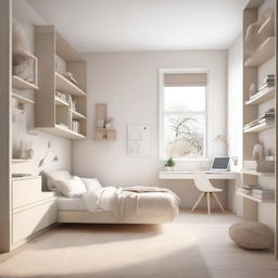 A modern teenage girl's bedroom featuring aerial furniture in white and beige tones