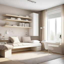 A modern teenage girl's bedroom featuring aerial furniture in white and beige tones