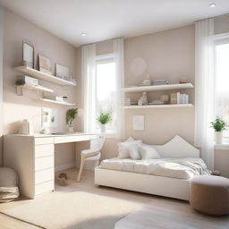 A modern teenage girl's bedroom featuring aerial furniture in white and beige tones