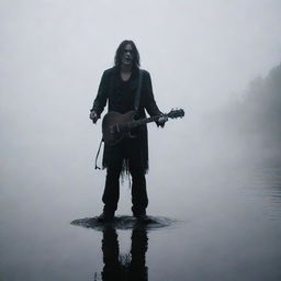 A rock frontman in dark and grungy attire, performing intensely on a foggy lake shore, with a haunting phantom theme.