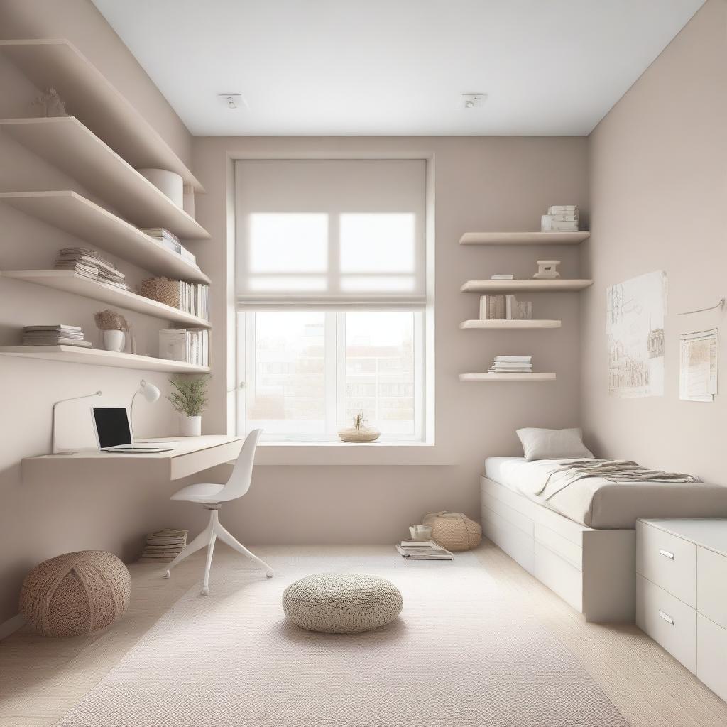 A modern teenage girl's bedroom featuring aerial furniture in white and beige tones