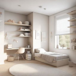 A modern teenage girl's bedroom featuring aerial furniture in white and beige tones