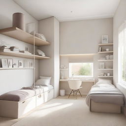 A modern teenage girl's bedroom featuring aerial furniture in white and beige tones