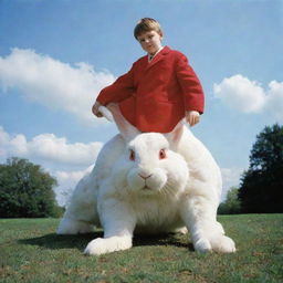 A young boy confidently straddling a giant, formidable bunny, its red eyes gleaming. Despite its fearsome aspect, there is an underlying sense of mutual respect.