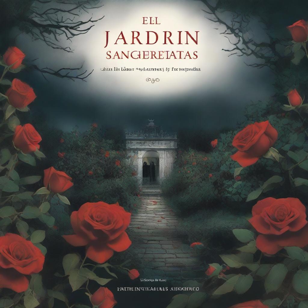 The cover shows a dark and mysterious garden with red roses in the foreground