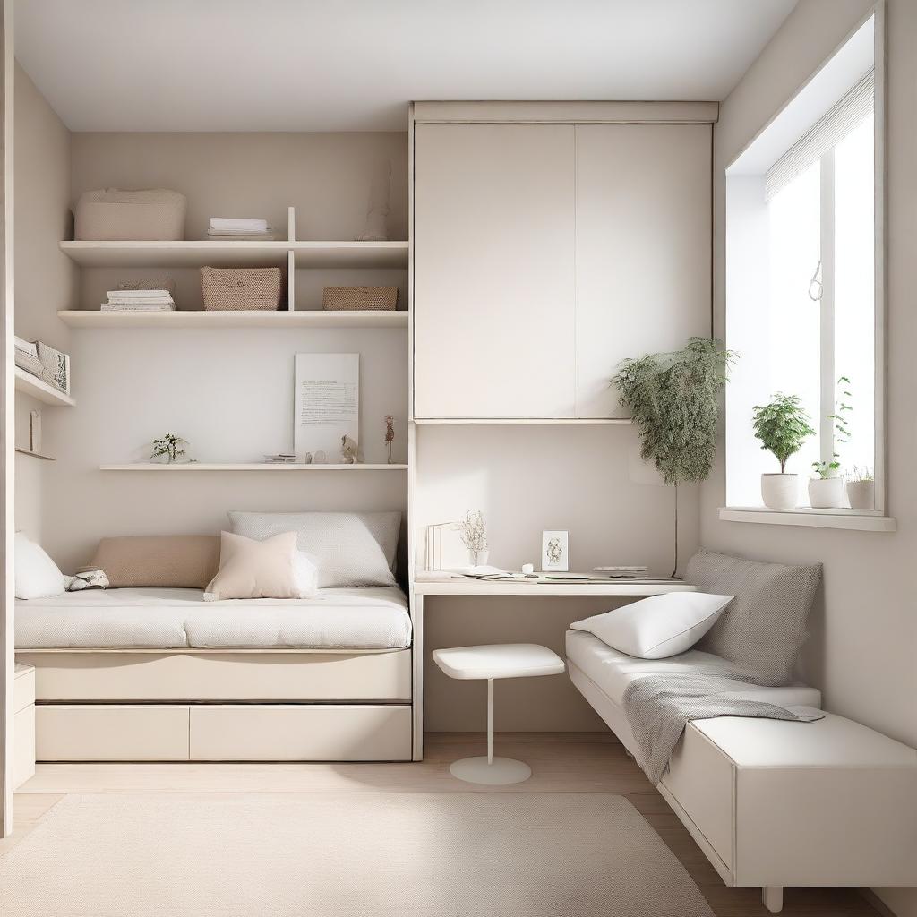 A teenage girl's bedroom featuring modern, lift-up furniture in white and beige tones