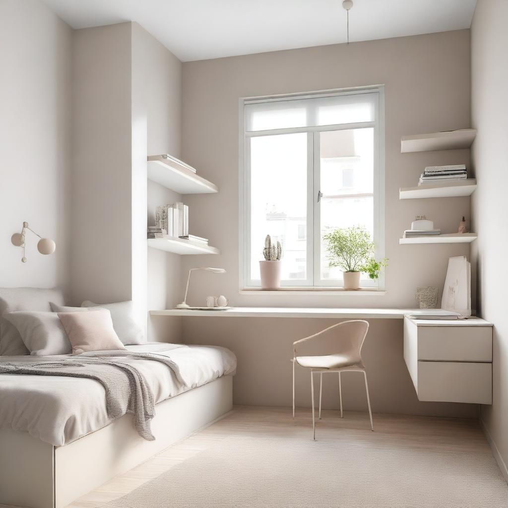 A teenage girl's bedroom featuring modern, lift-up furniture in white and beige tones