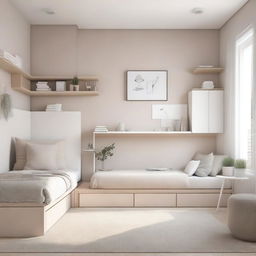 A teenage girl's bedroom featuring modern, lift-up furniture in white and beige tones