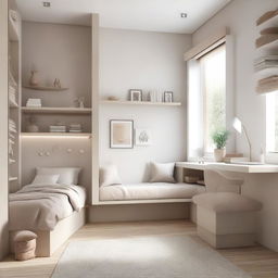 A teenage girl's bedroom featuring modern, lift-up furniture in white and beige tones