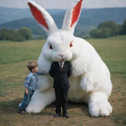 A young boy confidently straddling a giant, formidable bunny, its red eyes gleaming. Despite its fearsome aspect, there is an underlying sense of mutual respect.