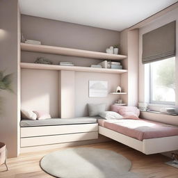 A teenage girl's bedroom featuring modern levitating furniture