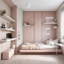 A teenage girl's bedroom featuring modern levitating furniture