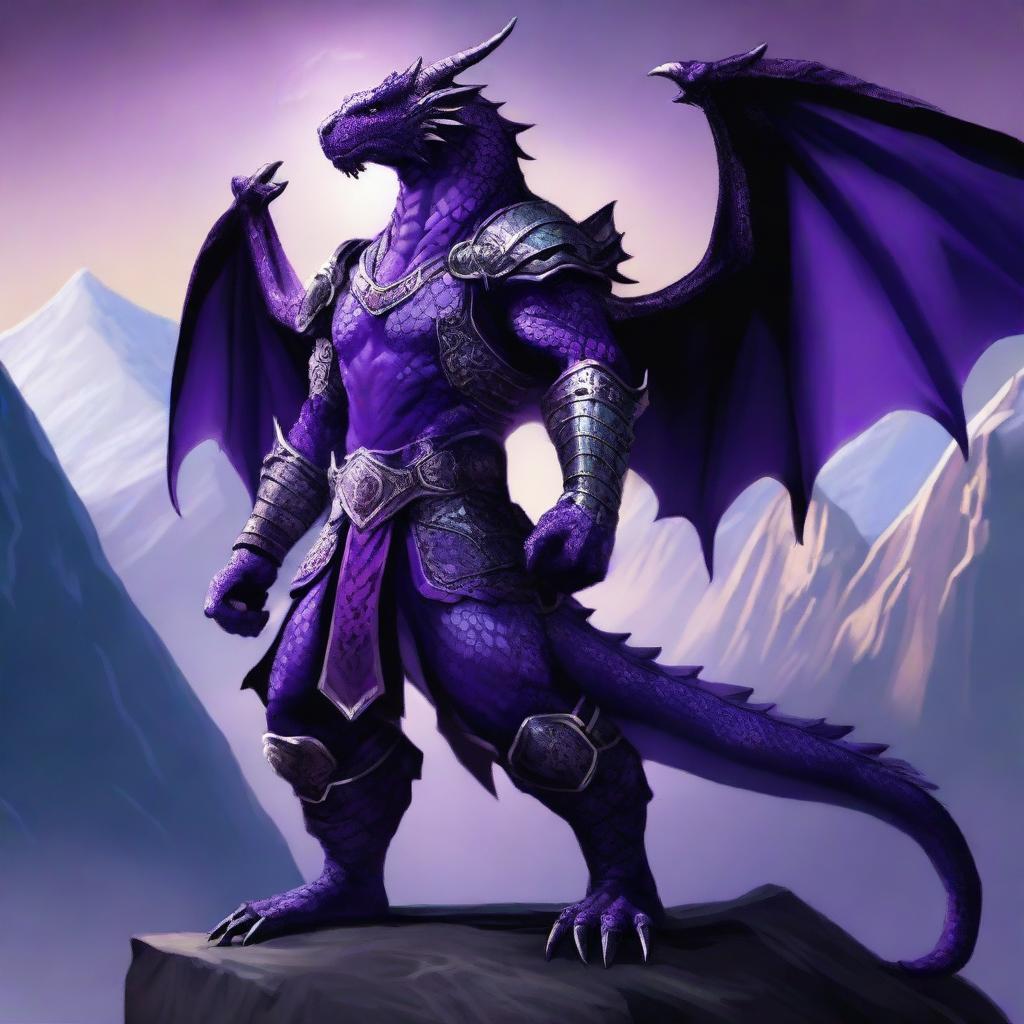 A majestic Purple-Scaled Dragonborn with piercing White Eyes stands in a heroic pose