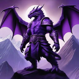 A majestic Purple-Scaled Dragonborn with piercing White Eyes stands in a heroic pose