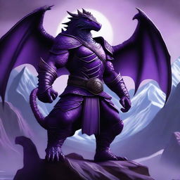 A majestic Purple-Scaled Dragonborn with piercing White Eyes stands in a heroic pose