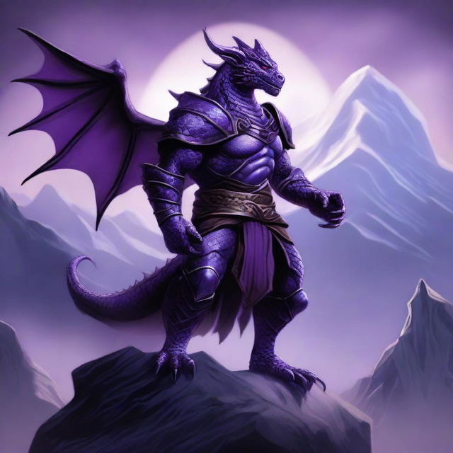 A majestic Purple-Scaled Dragonborn with piercing White Eyes stands in a heroic pose