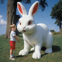 A young boy confidently straddling a giant, formidable bunny, its red eyes gleaming. Despite its fearsome aspect, there is an underlying sense of mutual respect.