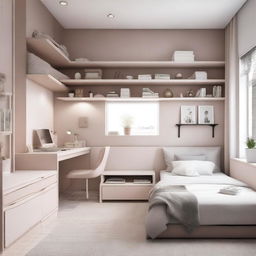 A teenage girl's bedroom featuring many modern, lift-up, enclosed furniture items