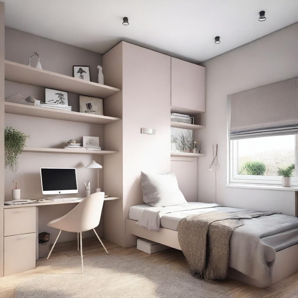 A teenage girl's bedroom featuring many modern, lift-up, enclosed furniture items