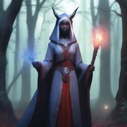 A kind-looking young female Drow wizard with gray skin, red eyes, and small horns