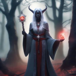 A kind-looking young female Drow wizard with gray skin, red eyes, and small horns