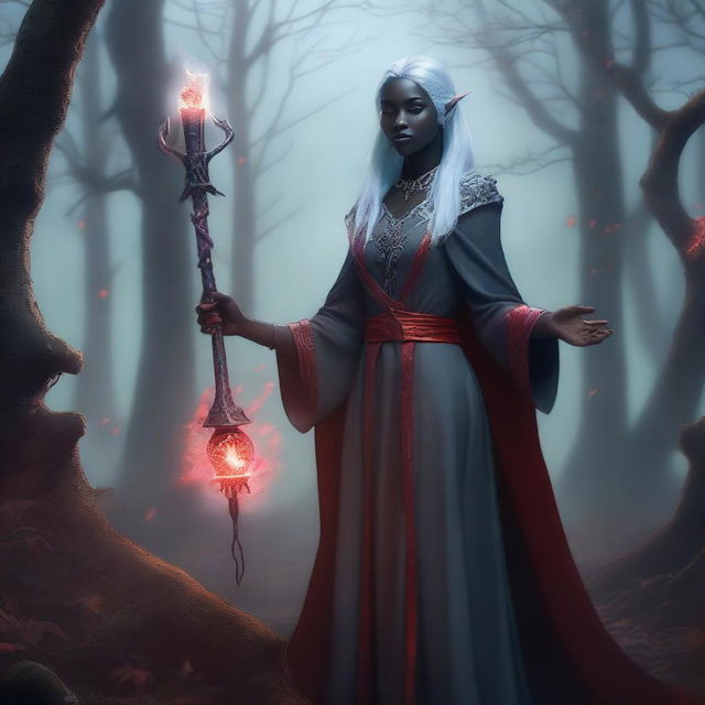 A kind-looking young female Drow wizard with gray skin, red eyes, and small horns