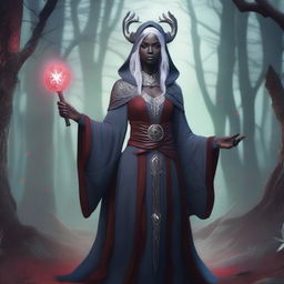 A kind-looking young female Drow wizard with gray skin, red eyes, and small horns