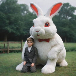 A young boy confidently straddling a giant, formidable bunny, its red eyes gleaming. Despite its fearsome aspect, there is an underlying sense of mutual respect.