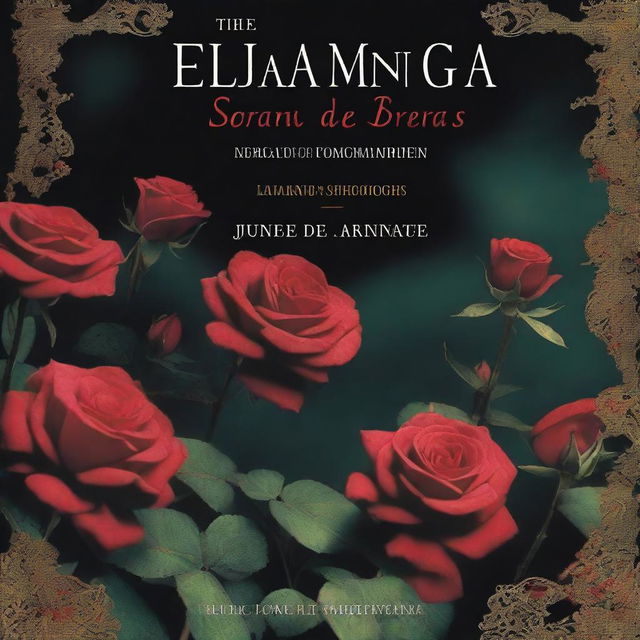 The cover shows a dark and mysterious garden, with red roses in the foreground, but instead of dew drops, the roses have stains that appear to be blood