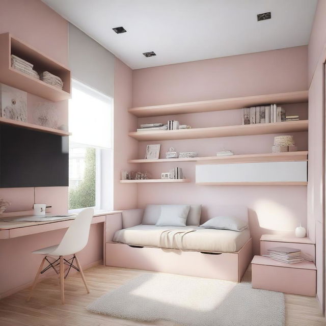 A teenage girl's bedroom featuring many modern, lift-up, enclosed furniture items