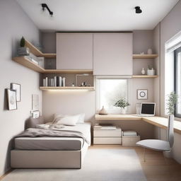 A teenage girl's bedroom featuring many modern, lift-up, enclosed furniture items