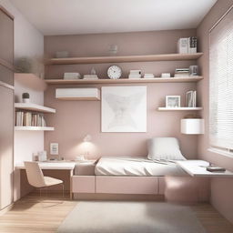 A teenage girl's bedroom featuring many modern, lift-up, enclosed furniture items