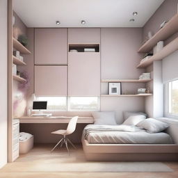 A teenage girl's bedroom featuring many modern, lift-up, enclosed furniture items