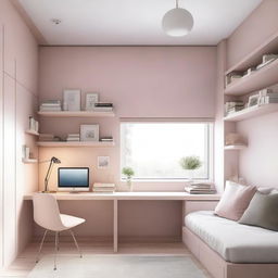 A teenage girl's bedroom featuring many modern, lift-up, enclosed furniture items