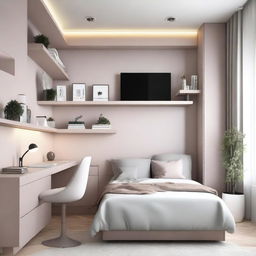 A teenage girl's bedroom featuring many modern, lift-up, enclosed furniture items