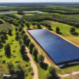 Create an image featuring a photo of a photovoltaic power plant with environmental elements such as trees and a clear sky