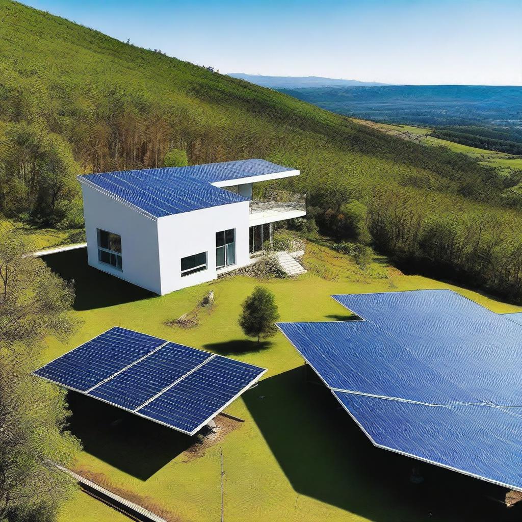 Create an image featuring a photo of a photovoltaic power plant with environmental elements such as trees and a clear sky