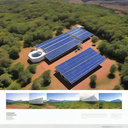 Create an image featuring a photo of a photovoltaic power plant with environmental elements such as trees and a clear sky