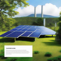 Create an image featuring a photo of a photovoltaic power plant with environmental elements such as trees and a clear sky