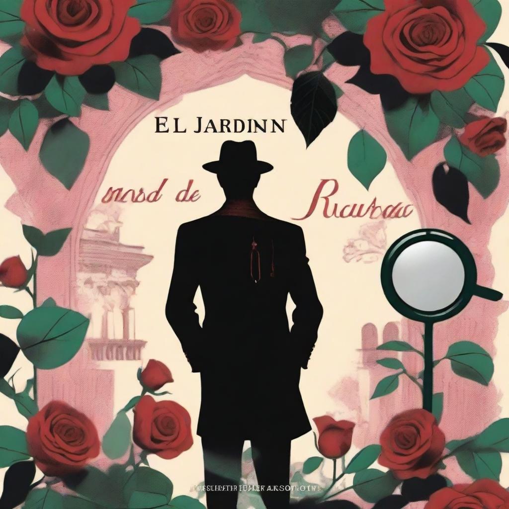 A book cover for a mystery, detective, and romance novel titled 'El Jardín de Rosas Sangrientas'