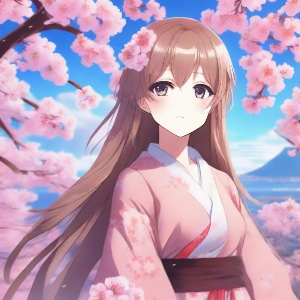 A beautiful anime-style waifu with long flowing hair, big expressive eyes, and a cute outfit