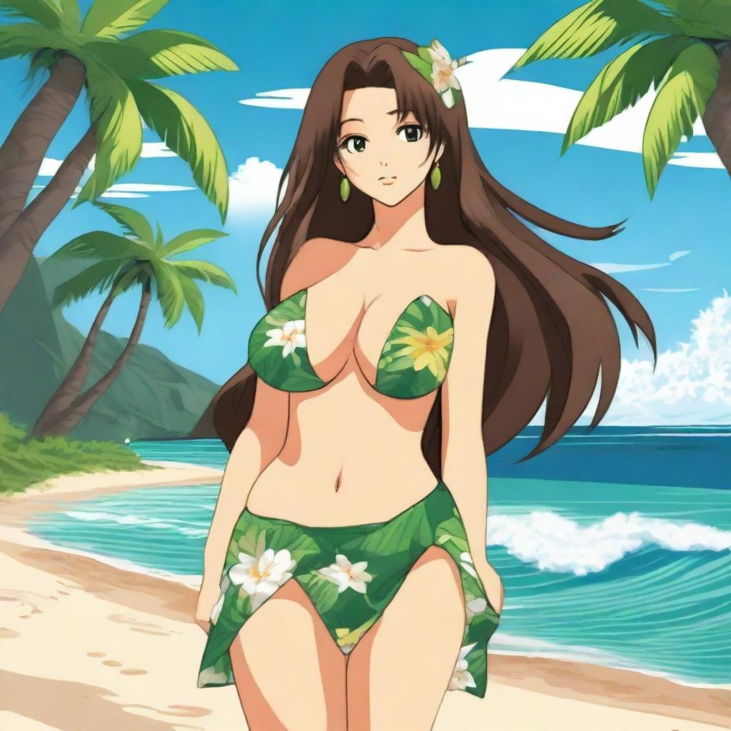 An anime-style beautiful Hawaiian girl with long brown hair and green eyes