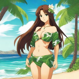 An anime-style beautiful Hawaiian girl with long brown hair and green eyes