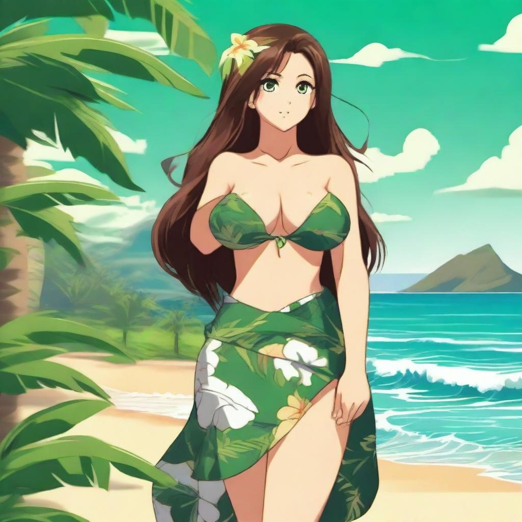 An anime-style beautiful Hawaiian girl with long brown hair and green eyes