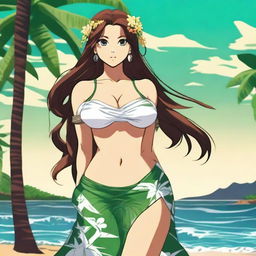 An anime-style beautiful Hawaiian girl with long brown hair and green eyes