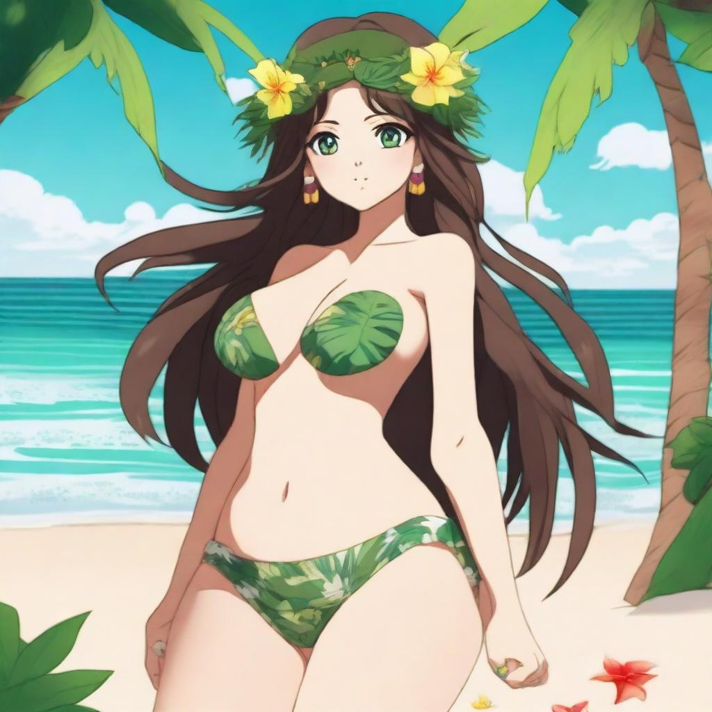 An anime-style beautiful Hawaiian girl with long brown hair, green eyes, and a flower crown