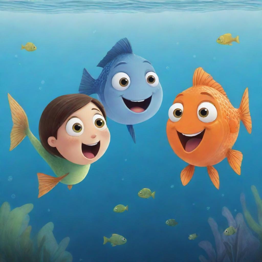 Endearing, beginner-level cartoon illustration for a children's book showing the moment Finn and Fiona, with surprised yet amused expressions, meet Freddie, the talking fish who tells them tales of his underwater escapades.